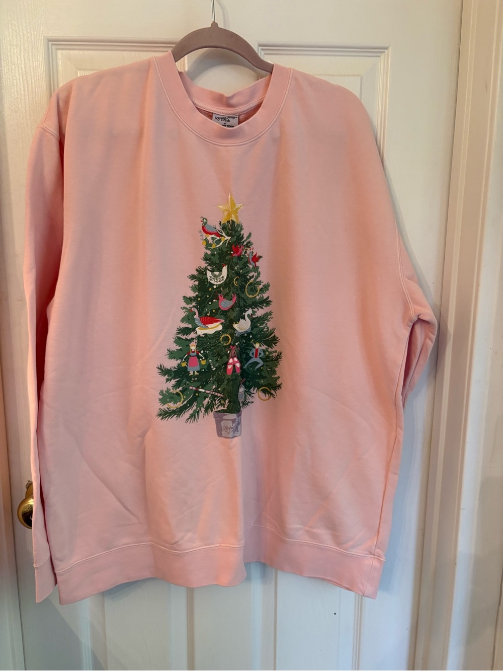 Living Fully Co Women's Pink Crewneck Sweatshirt with Holiday Tree